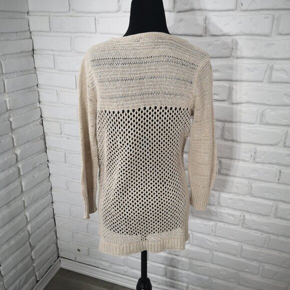 Eddie Bauer Ladies Size Medium Tan Mesh V-neck Knit Sweater - Picture 2 of 9
